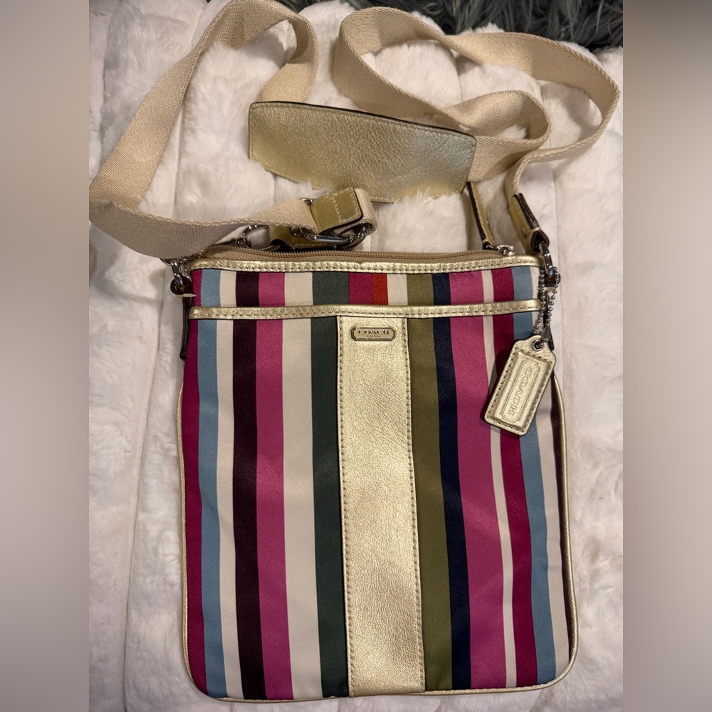 Coach Striped Crossbody Bag with Gold Accents